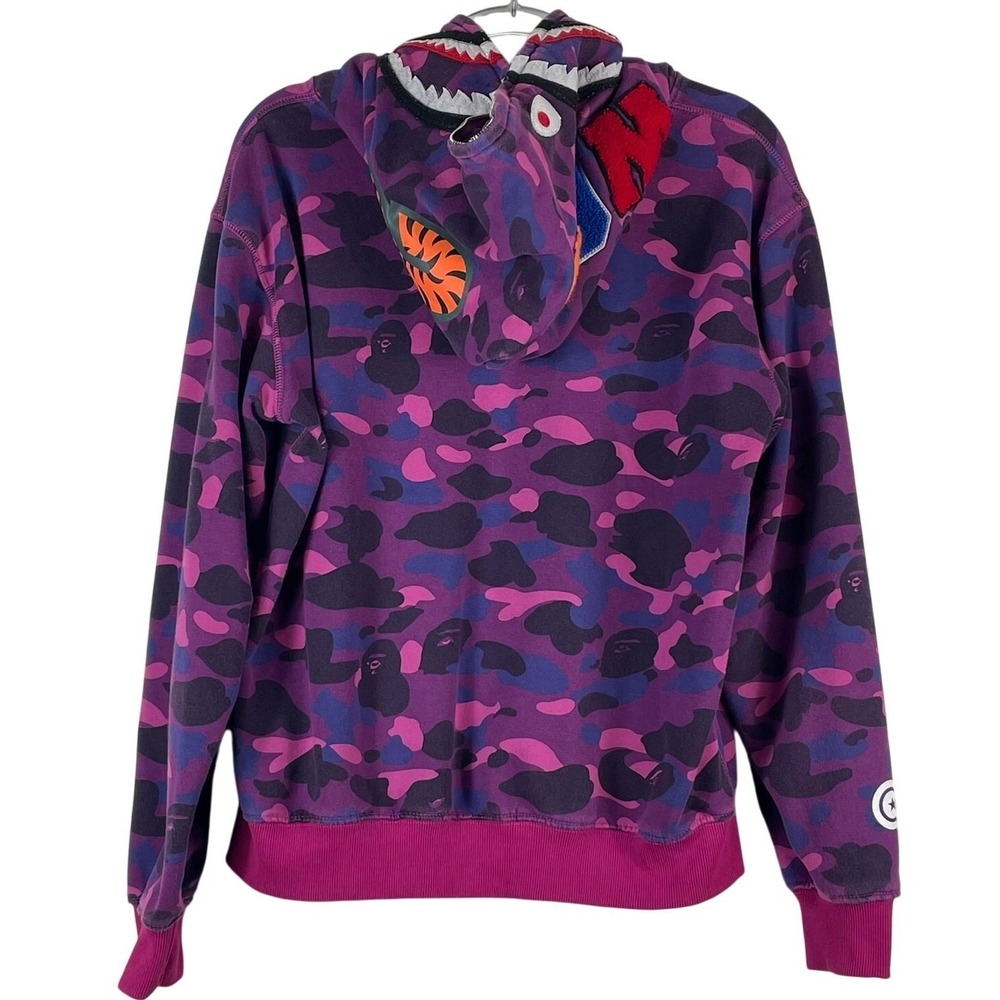 A Bathing Ape WGM Purple Camouflage Shark Hoodie Sz XL Patches Graphics Full Zip
